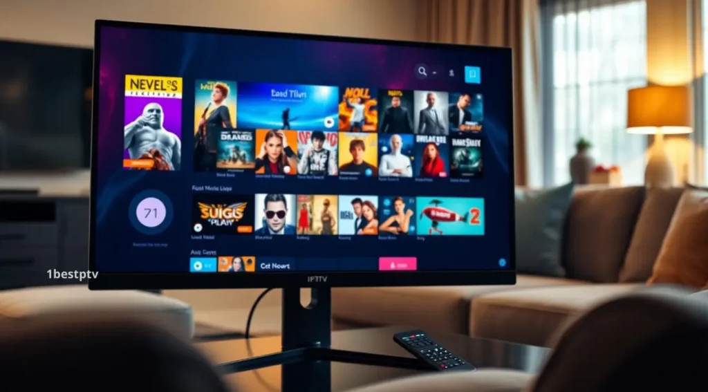 Wohnzimmer mit Smart-TV, auf dem ein IPTV Player Win läuft – benutzerfreundliche Oberfläche für komfortables Streaming unter Windows.