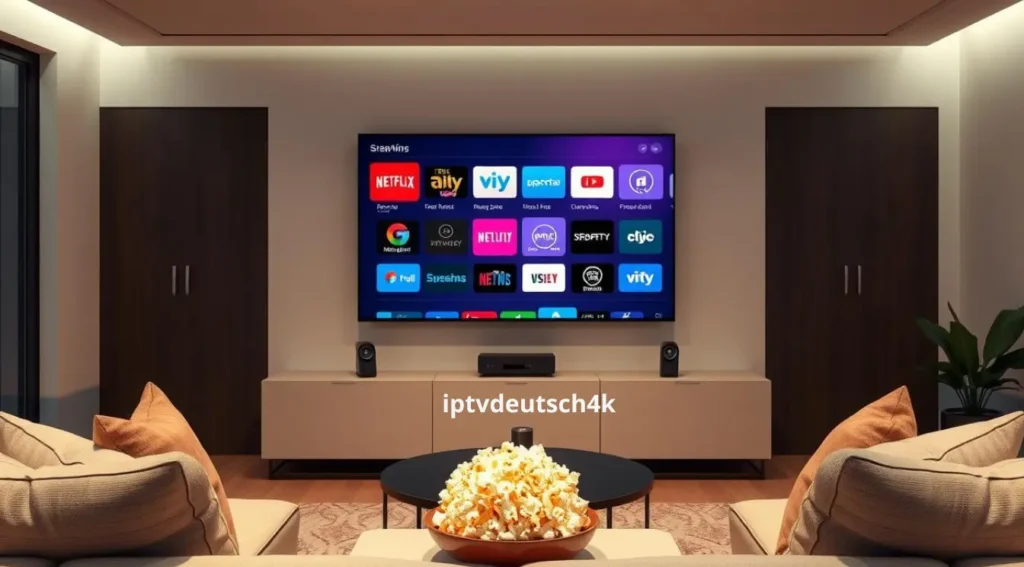 Smart One IPTV Player im modernen Wohnzimmer – hochwertige Streaming-Erfahrung mit Zugriff auf Live-TV, Filme und Serien in HD-Qualität mit uns .
