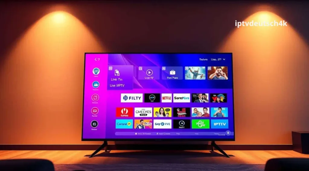 Smart TV SS IPTV im Einsatz – Fernseher mit installierter App zeigt übersichtliche Senderliste und m3u Playlist-Streaming mit 1bestptv
