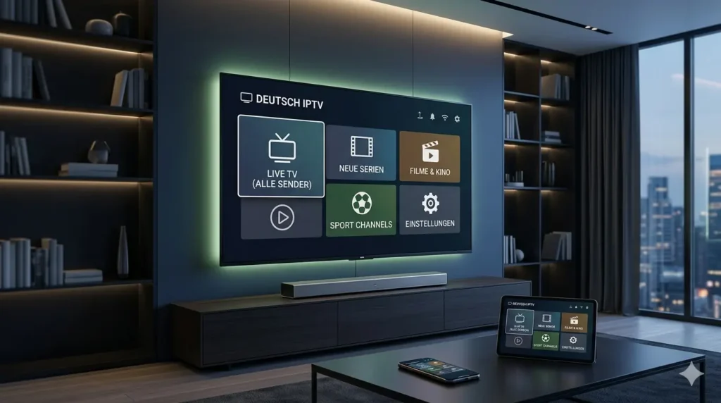 IPTV Sender übersichtlich auf Smart TV mit Live-TV, Filmen, Serien und Sport